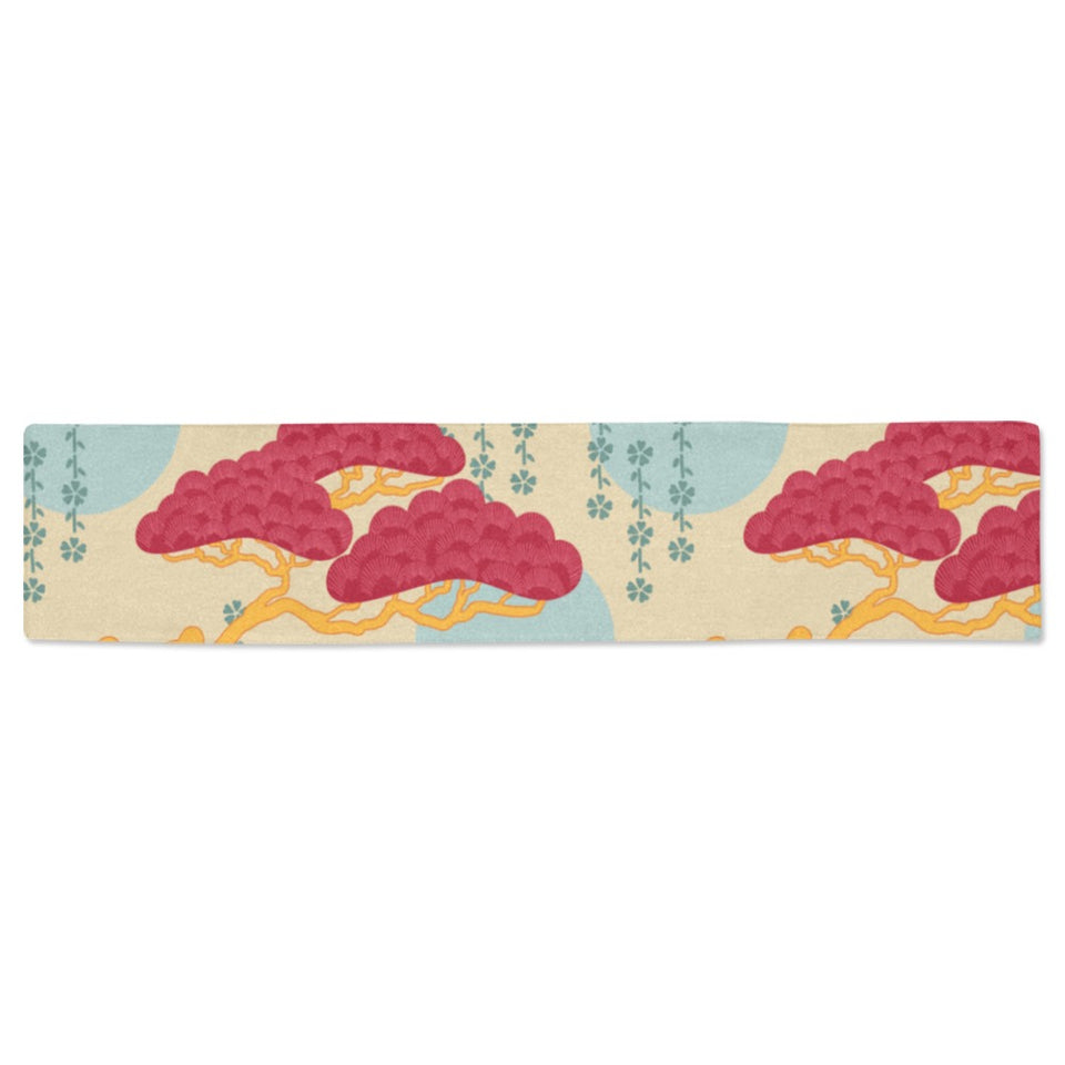 Red Bonsai gray sun japanese pattern Table Runner