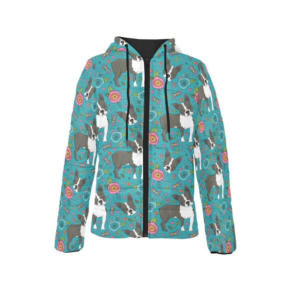 Boston terrier beautiful flower pattern Women's Padded Hooded Jacket