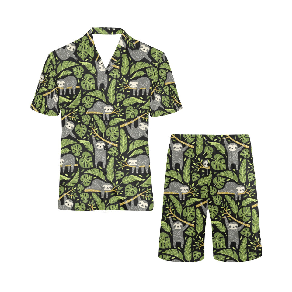 Cute sloths tropical palm leaves black background Men's V-Neck Short Pajama Set