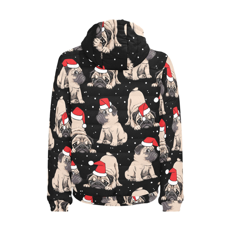 Christmas Pugs Santa_s red cap pattern Men's Padded Hooded Jacket