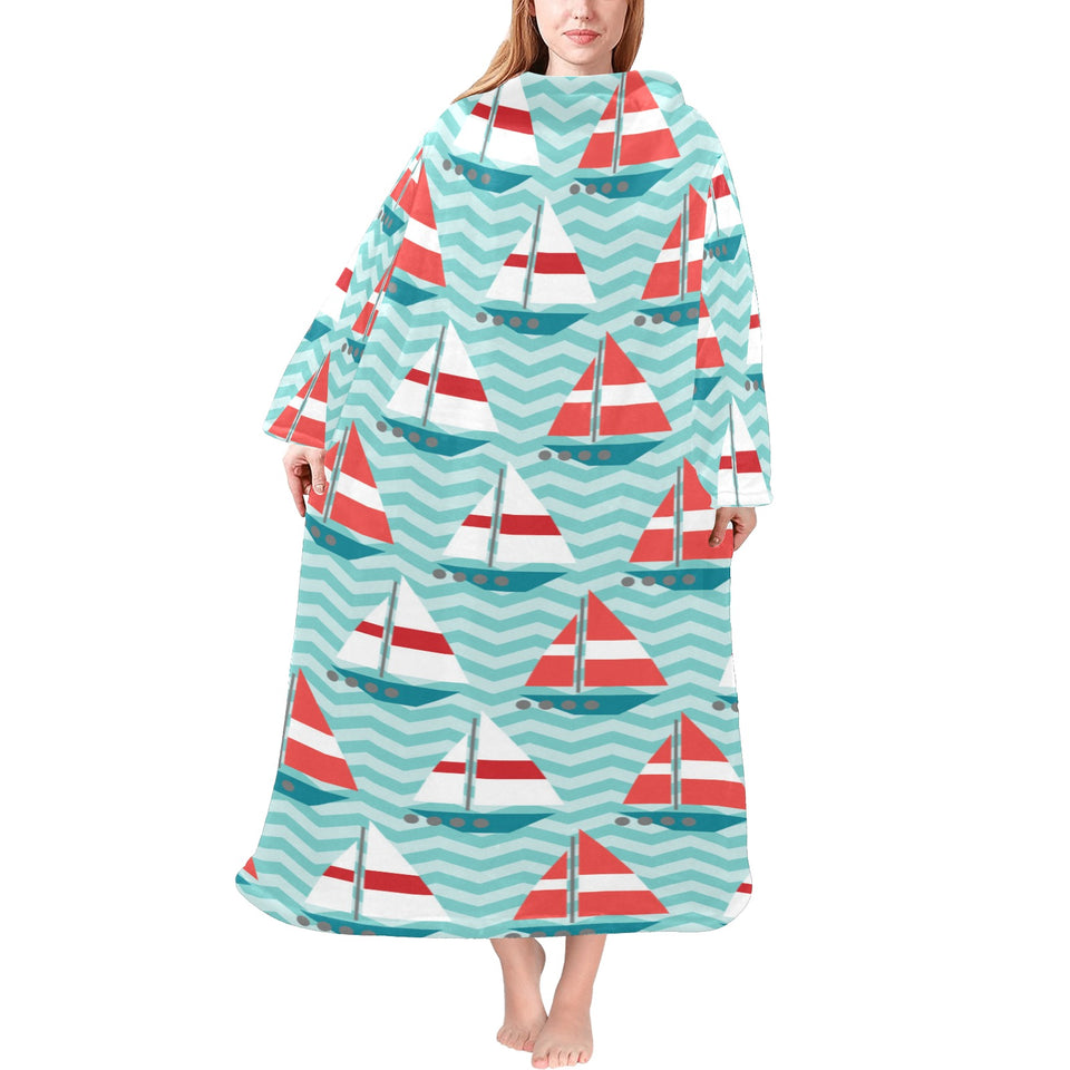 Red White sailboat wave background Blanket Robe with Sleeves