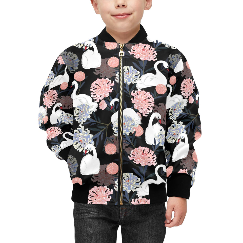 white swan blooming flower pattern Kids' Boys' Girls' Bomber Jacket
