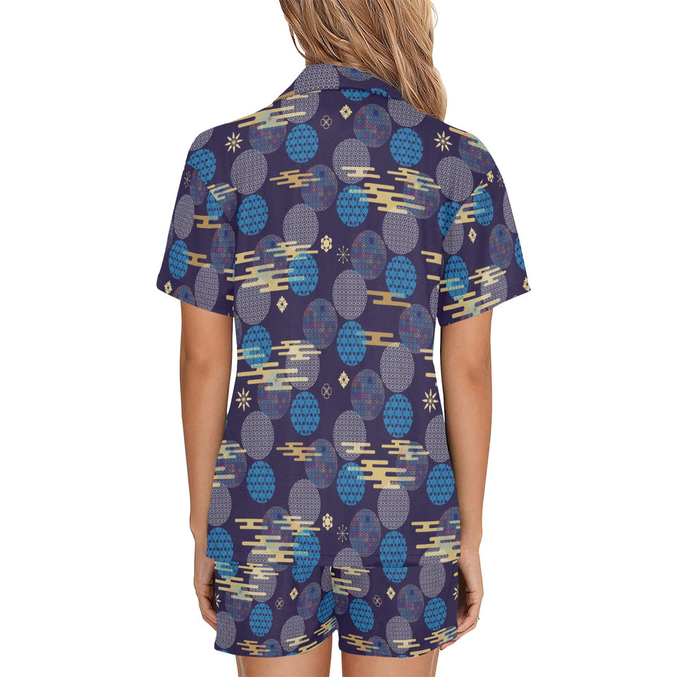 Blue japanese pattern cloud wave flower Women's V-Neck Short Pajama Set
