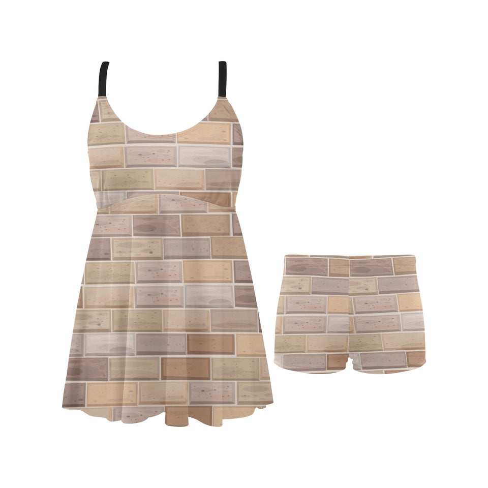 Brick Printed Pattern Print Design 01 Chest Sexy Pleated Two Piece Swim Dress