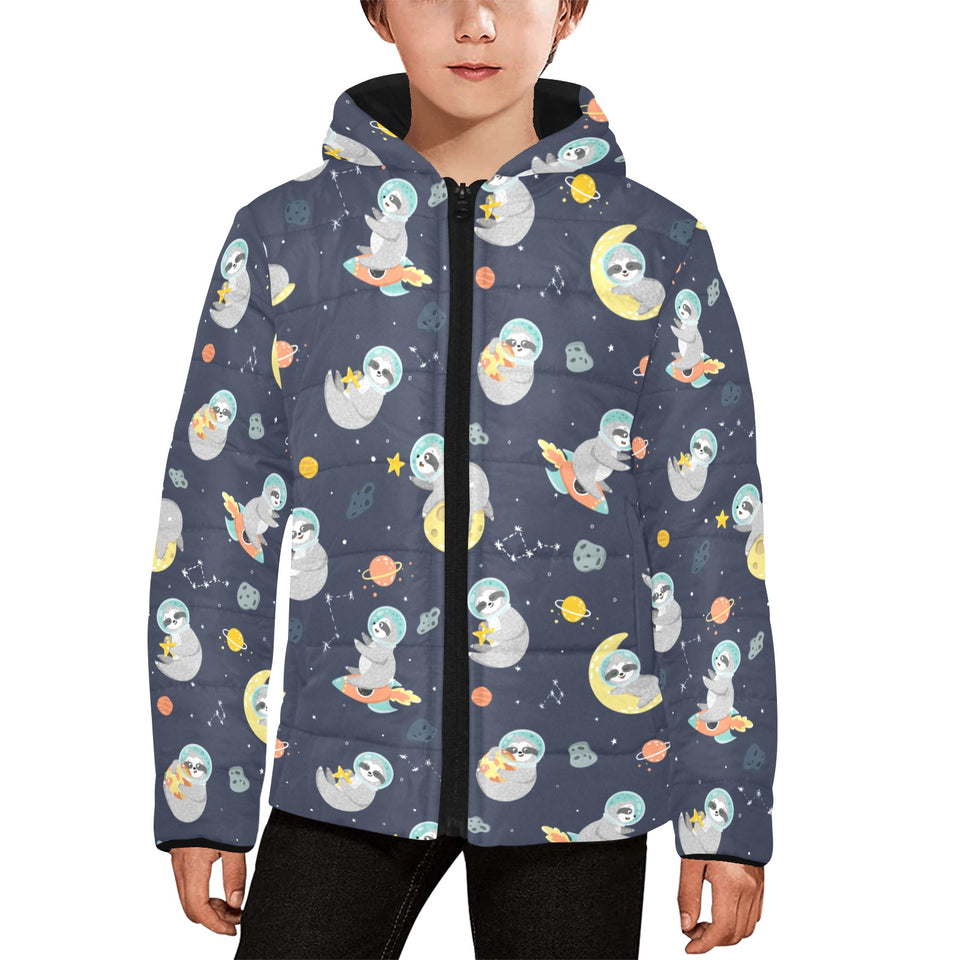Cute sloth astronaut star planet rocket pattern Kids' Boys' Girls' Padded Hooded Jacket