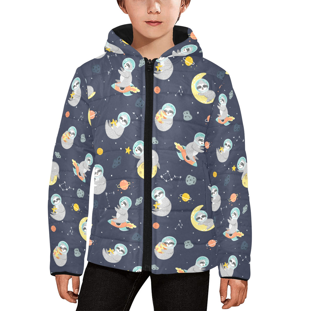 Cute sloth astronaut star planet rocket pattern Kids' Boys' Girls' Padded Hooded Jacket