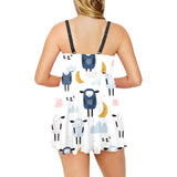 Cute sleeping sheep moon cloud pattern Chest Sexy Pleated Two Piece Swim Dress