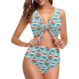 Red White sailboat wave background Chest Bowknot High Waisted Bikini Swimsuit