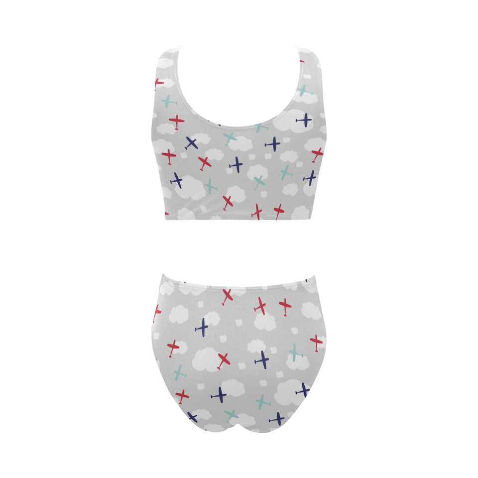 Airplane cloud grey background Chest Bowknot High Waisted Bikini Swimsuit