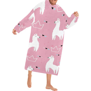 Llama Alpaca pink background Blanket Robe with Sleeves