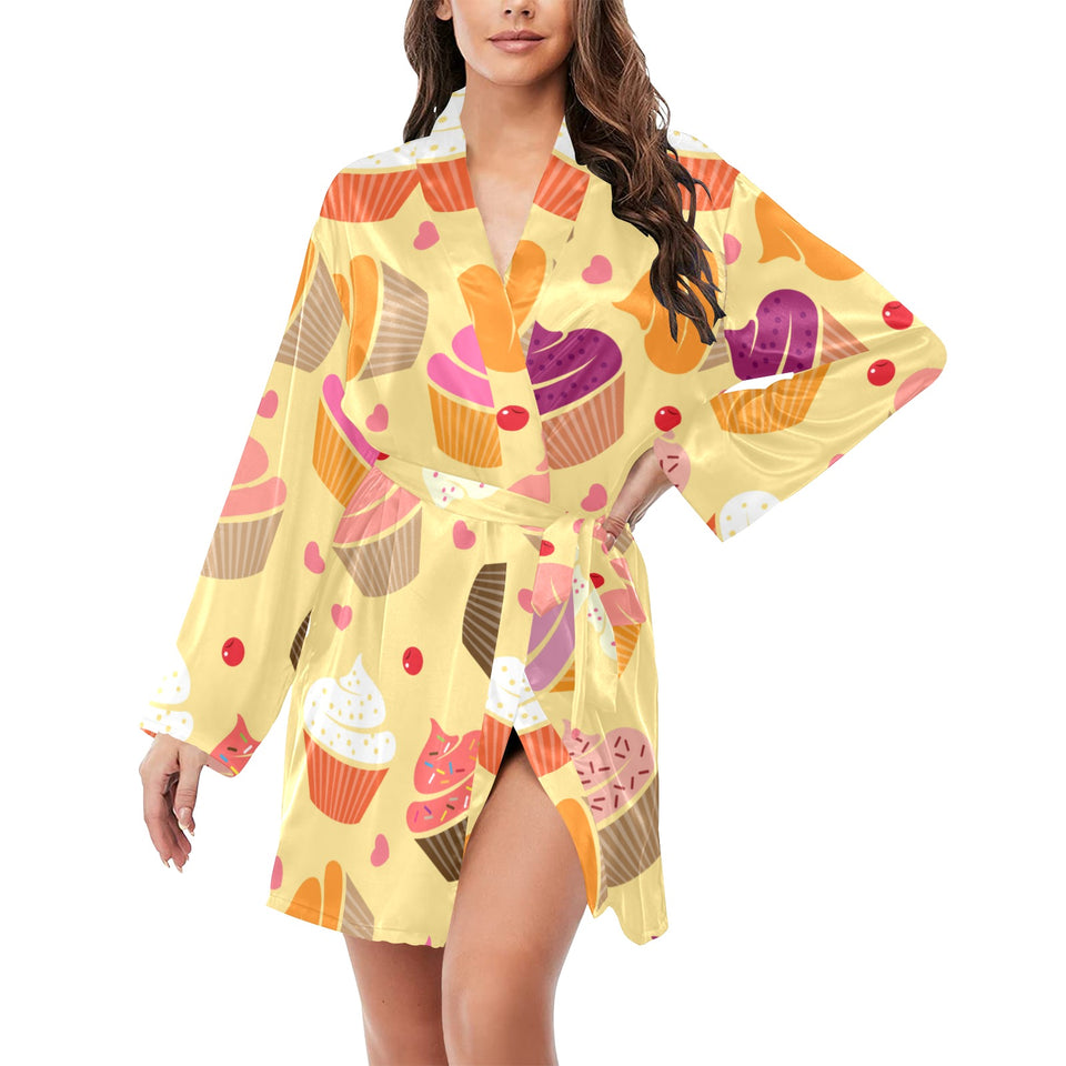 cake cupcake heart cherry pattern Women's Long Sleeve Belted Night Robe
