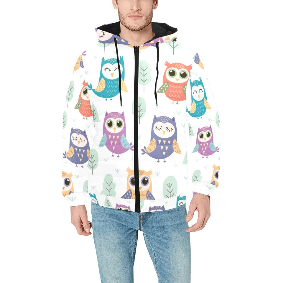 Cute owl pattern Men's Padded Hooded Jacket