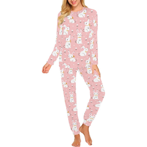 Cute white rabbit flower pink background Women's All Over Print Pajama Set