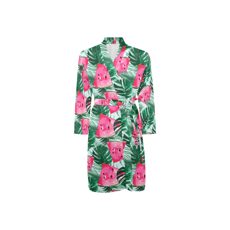 Watermelons tropical palm leaves pattern Men's Long Sleeve Belted Night Robe