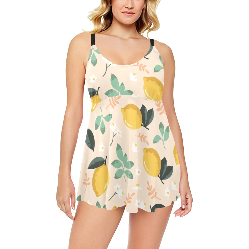 lemon flower leave pattern Chest Sexy Pleated Two Piece Swim Dress