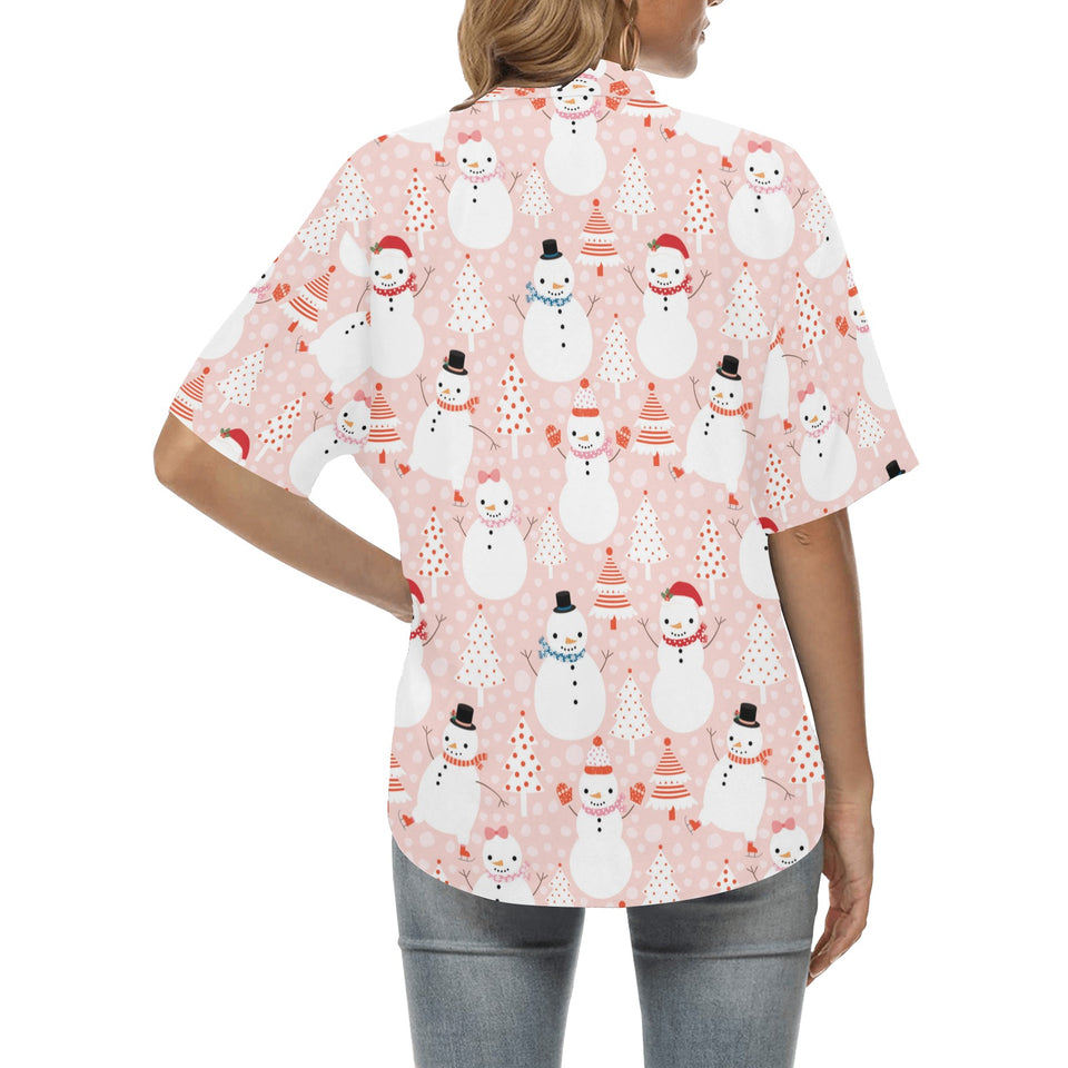 Cute snowman christmas tree snowpink background Women's All Over Print Hawaiian Shirt