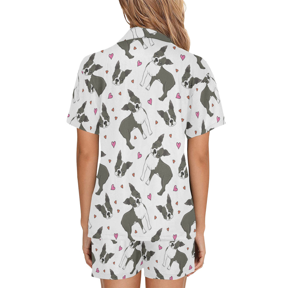 Boston terrier dog hearts vector pattern Women's V-Neck Short Pajama Set