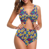 Passion fruit blue background Chest Bowknot High Waisted Bikini Swimsuit