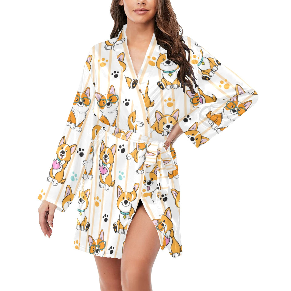 Cute dog corgi striped background pattern Women's Long Sleeve Belted Night Robe