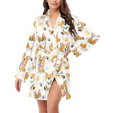 Cute dog corgi striped background pattern Women's Long Sleeve Belted Night Robe