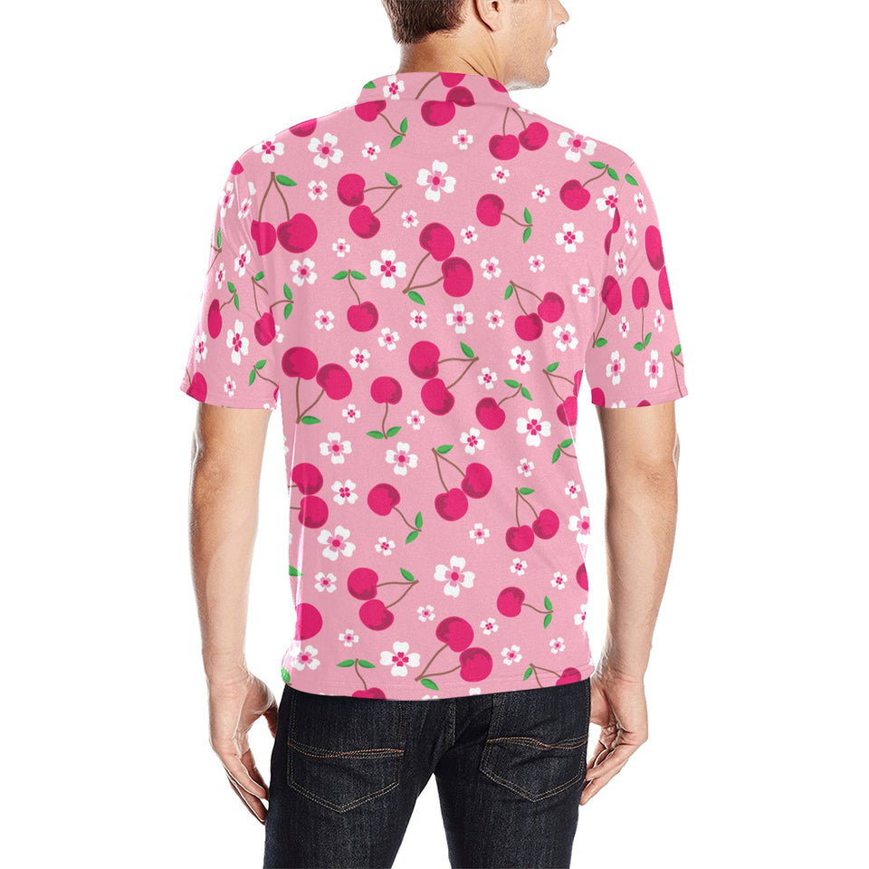 cherry flower pattern pink background Men's All Over Print Polo Shirt