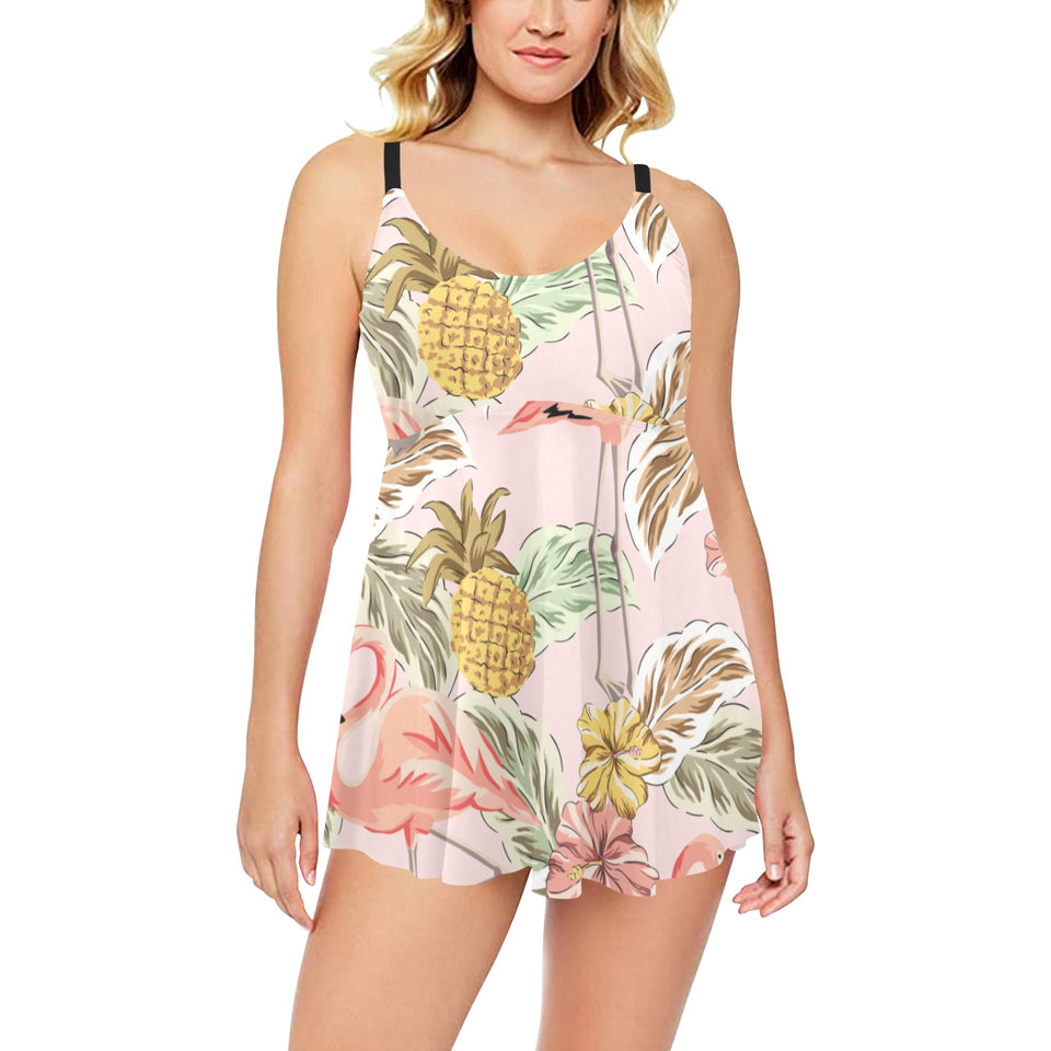 Pink flamingo birds pineapples hibiscus flower pat Chest Sexy Pleated Two Piece Swim Dress