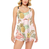 Pink flamingo birds pineapples hibiscus flower pat Chest Sexy Pleated Two Piece Swim Dress