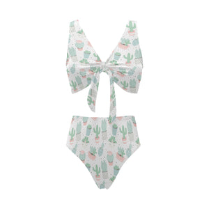 Pastel color cactus pattern Chest Bowknot High Waisted Bikini Swimsuit