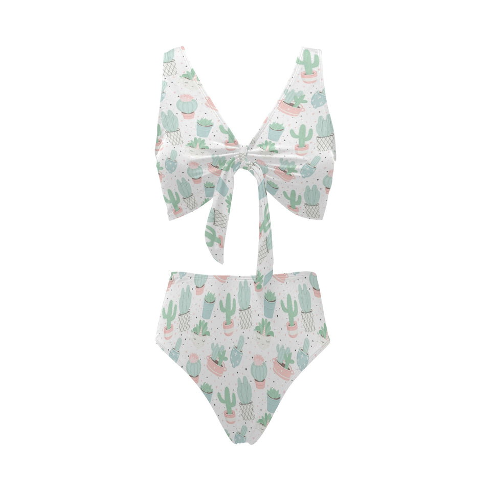 Pastel color cactus pattern Chest Bowknot High Waisted Bikini Swimsuit