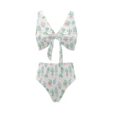 Pastel color cactus pattern Chest Bowknot High Waisted Bikini Swimsuit