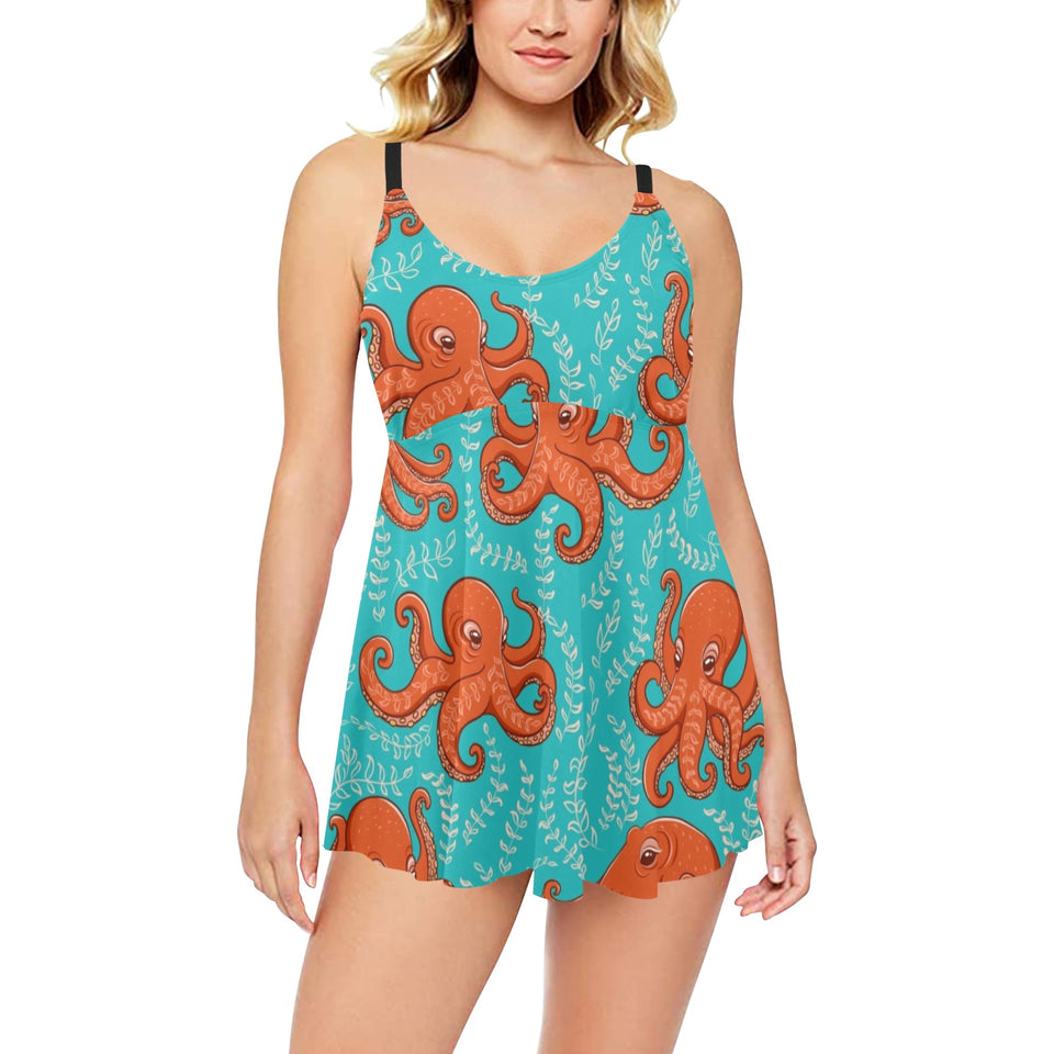 Octopus turquoise background Chest Sexy Pleated Two Piece Swim Dress