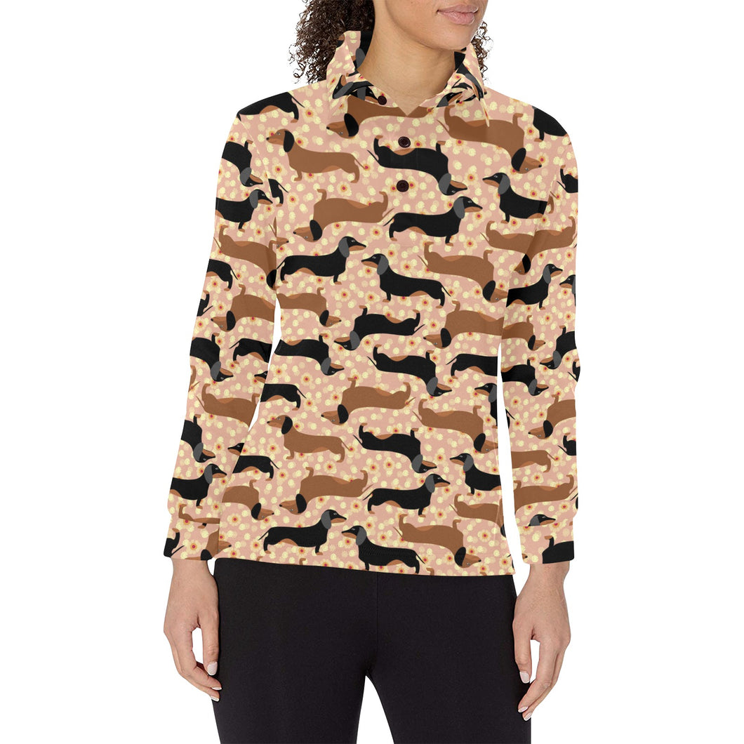Dachshund floral background Women's Long Sleeve Polo Shirt