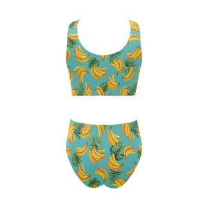 Banana Palm Leaves pattern background Chest Bowknot High Waisted Bikini Swimsuit