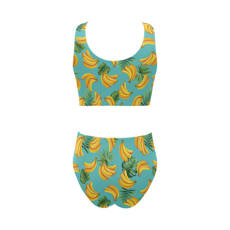 Banana Palm Leaves pattern background Chest Bowknot High Waisted Bikini Swimsuit