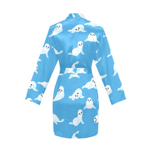 Cute sea lion seal pattern background Women's Long Sleeve Belted Night Robe