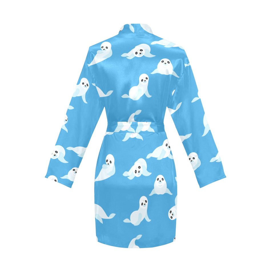 Cute sea lion seal pattern background Women's Long Sleeve Belted Night Robe