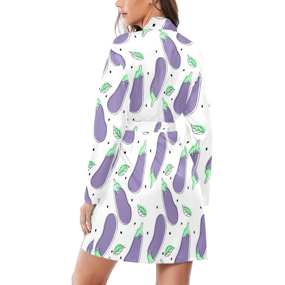 Eggplant Pattern Print Design 05 Women's Long Sleeve Belted Night Robe