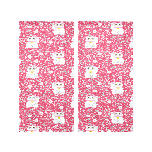 Maneki neko cat sakura pink background Gauze Curtain