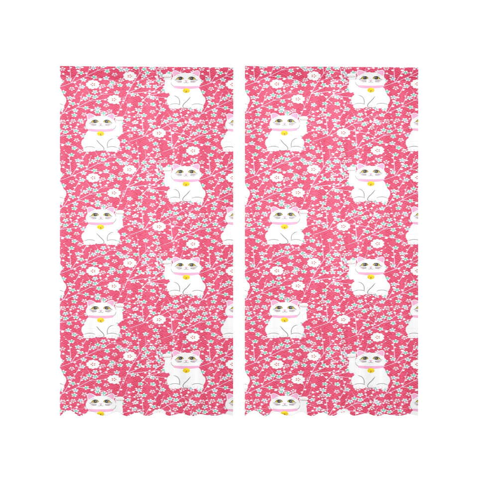 Maneki neko cat sakura pink background Gauze Curtain