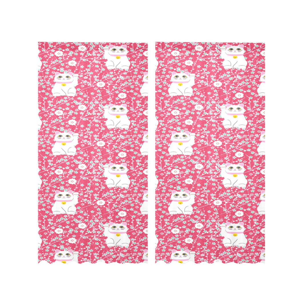 Maneki neko cat sakura pink background Gauze Curtain