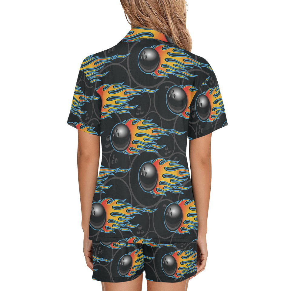 Bowling balls flame pattern Women's V-Neck Short Pajama Set