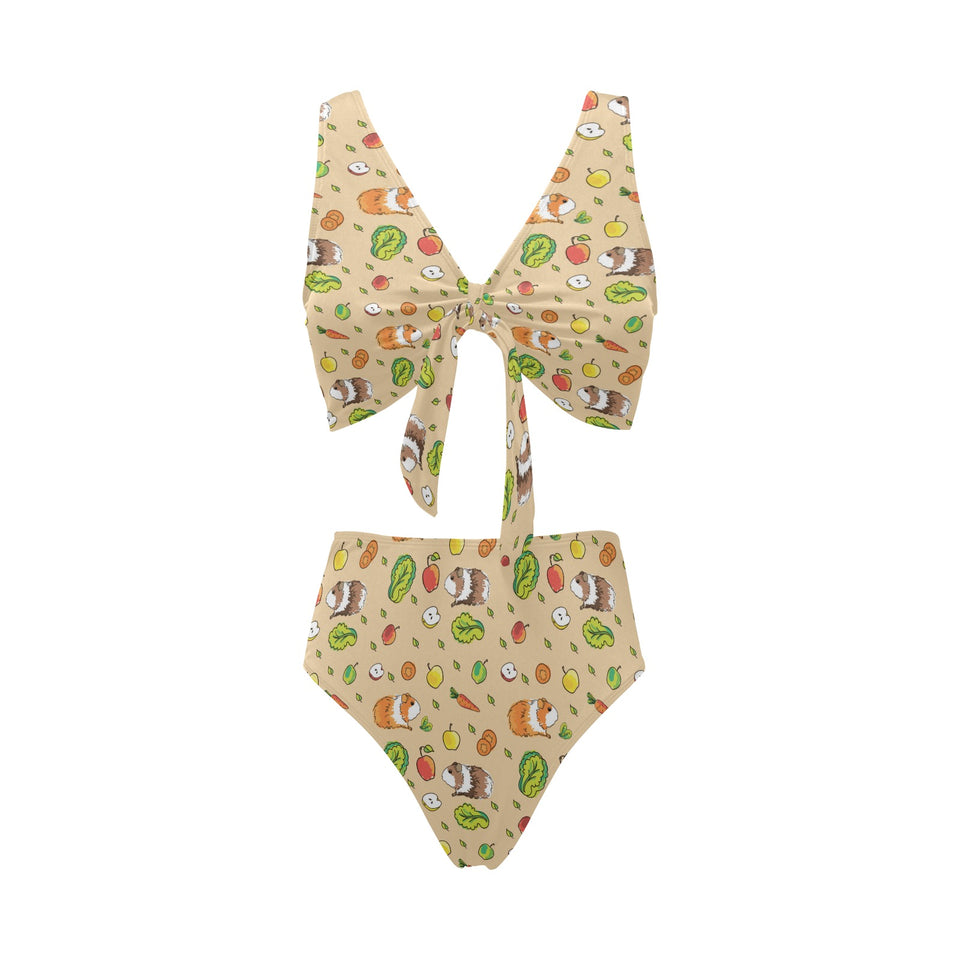 Guinea Pig Pattern Print Design 05 Chest Bowknot High Waisted Bikini Swimsuit