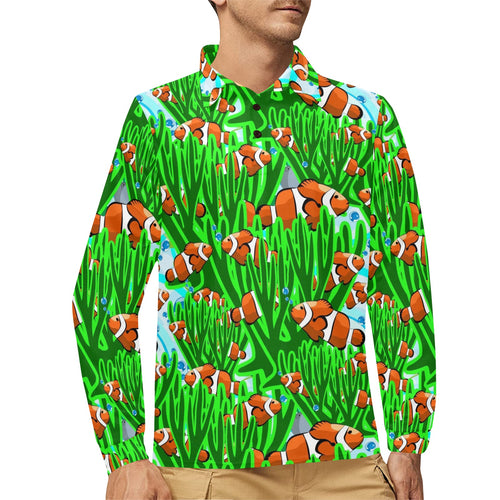 Clown Fish Pattern Print Design 01 Men's Long Sleeve Polo Shirt