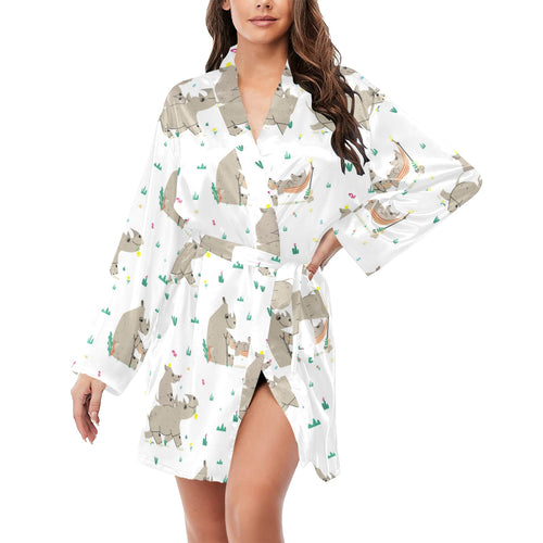 Cute Rhino pattern background Women's Long Sleeve Belted Night Robe