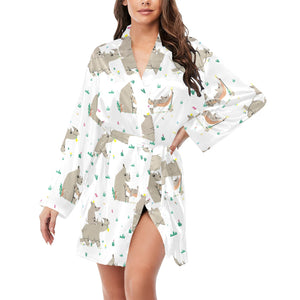 Cute Rhino pattern background Women's Long Sleeve Belted Night Robe