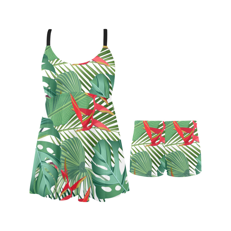 heliconia palm and monstera leaves pattern Chest Sexy Pleated Two Piece Swim Dress