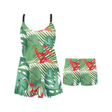 heliconia palm and monstera leaves pattern Chest Sexy Pleated Two Piece Swim Dress