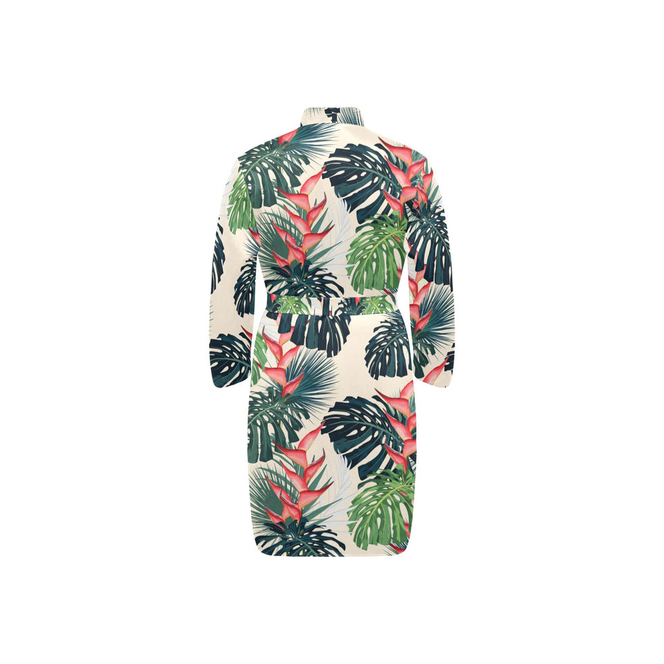 heliconia flowers, palm and monstera leaves Men's Long Sleeve Belted Night Robe