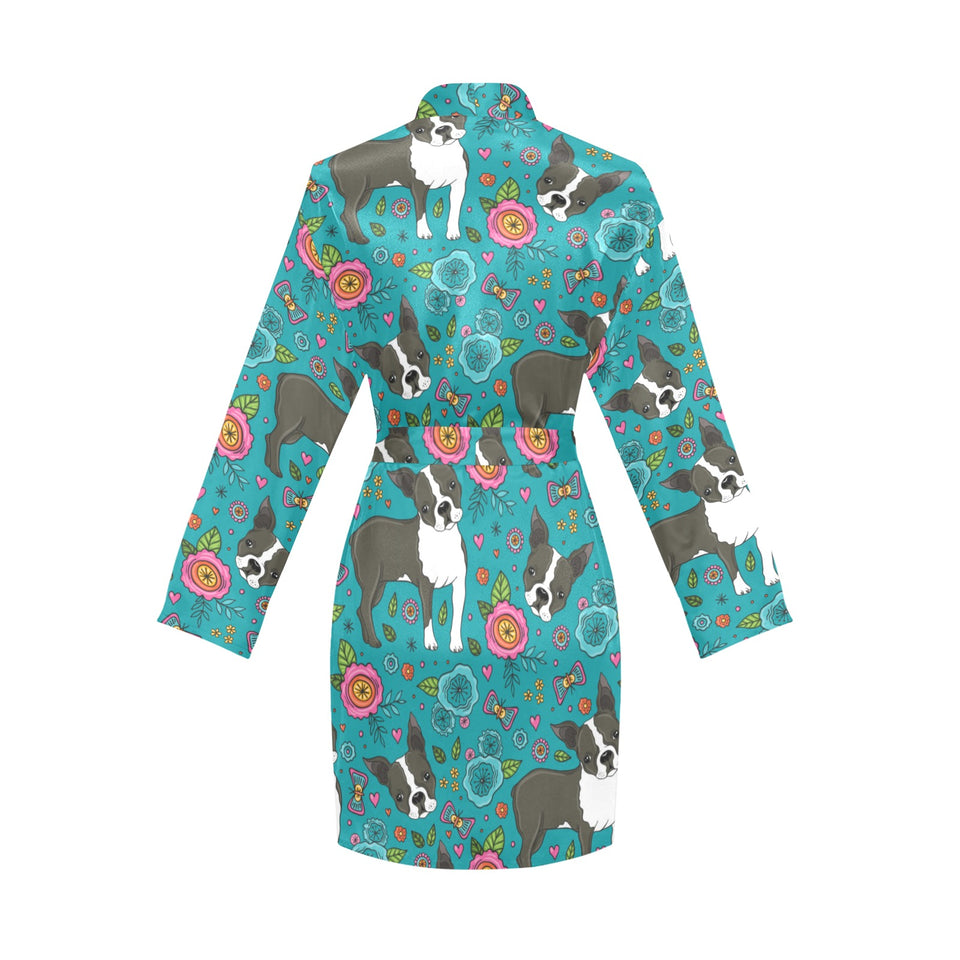 Boston terrier beautiful flower pattern Women's Long Sleeve Belted Night Robe
