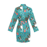 Boston terrier beautiful flower pattern Women's Long Sleeve Belted Night Robe